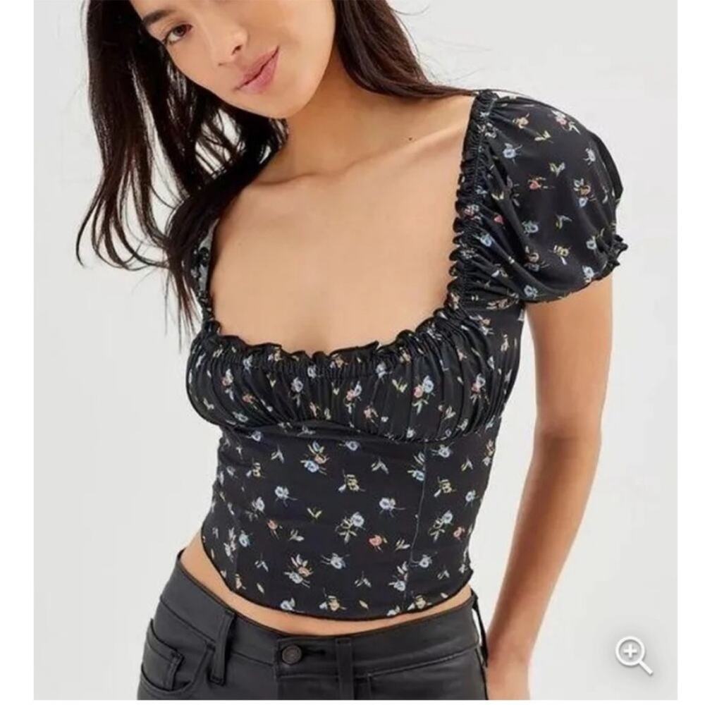 Urban Outfitters Black Floral Smocked Crop Top